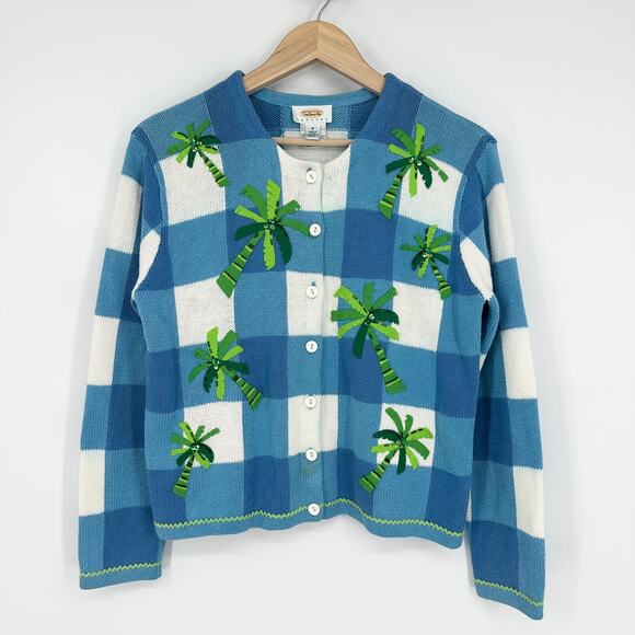 Talbots Vintage 90's Palm Tree Beaded Cardigan Gingham Plaid Novelty Sweater - Picture 1 of 10